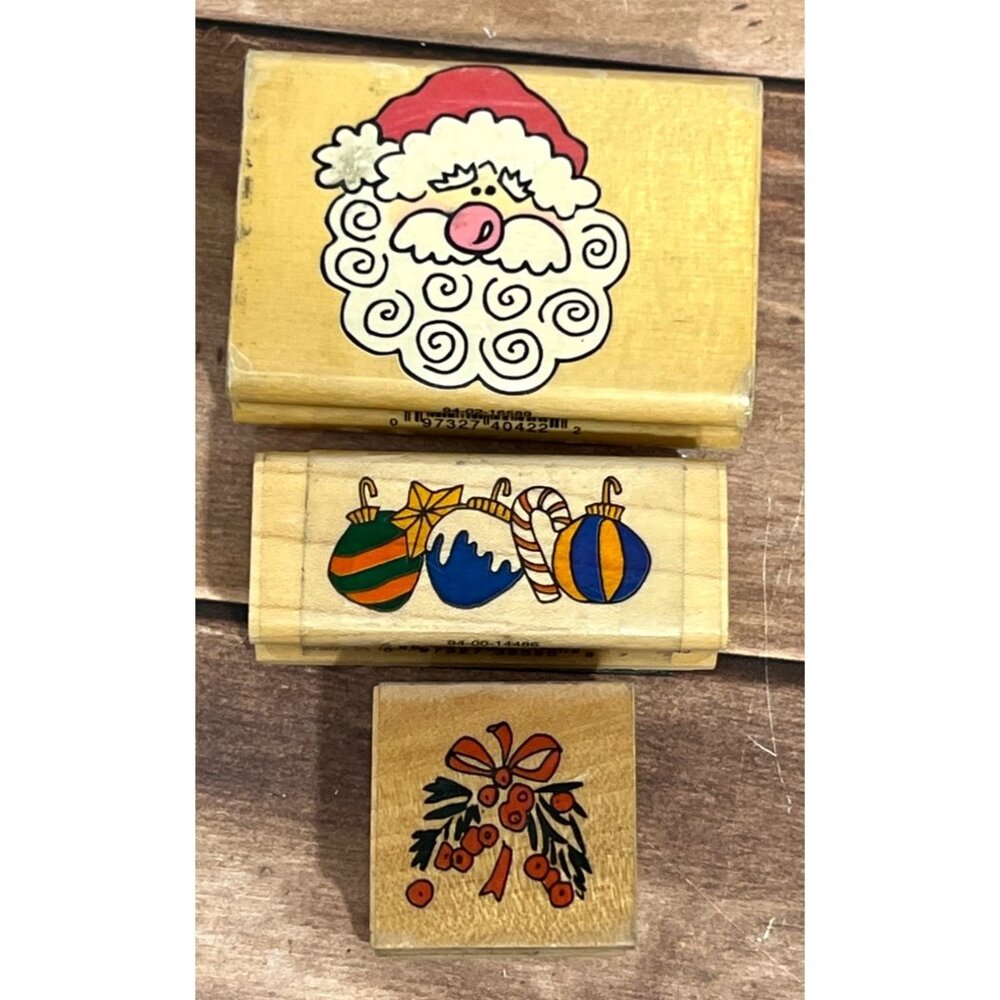 VINTAGE SET OF 3 WOOD MOUNT RUBBER STAMPS SANTA ORNAMENT MISTLETOE BY WESTWATER